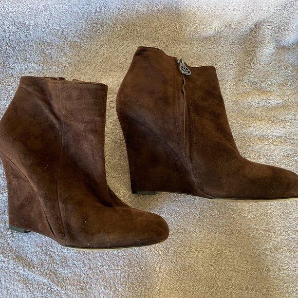 Sam Edelman Brown Suede Wedge Ankle Boots Size 8M Leather Zip Booties - Picture 3 of 8